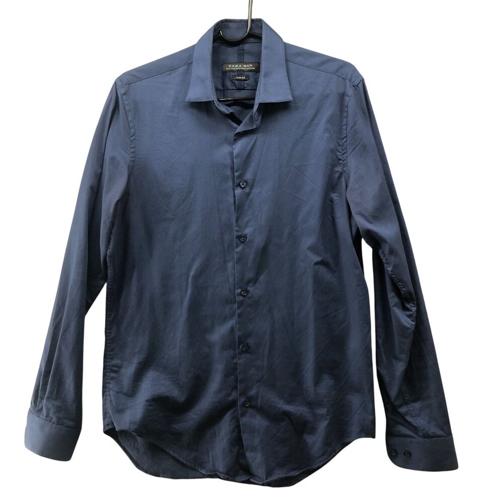 Zara Long Sleeve Dress Shirt Mens M Navy Blue Slim Fit Cotton Button Up
